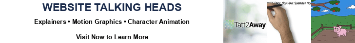 728×90 leaderboard-style promo for Website Talking Heads animation services. Headline “Website Talking Heads,” supporting line listing explainers, motion graphics, and character animation, call-to-action “Visit Now to Learn More,” plus three preview stills on the right